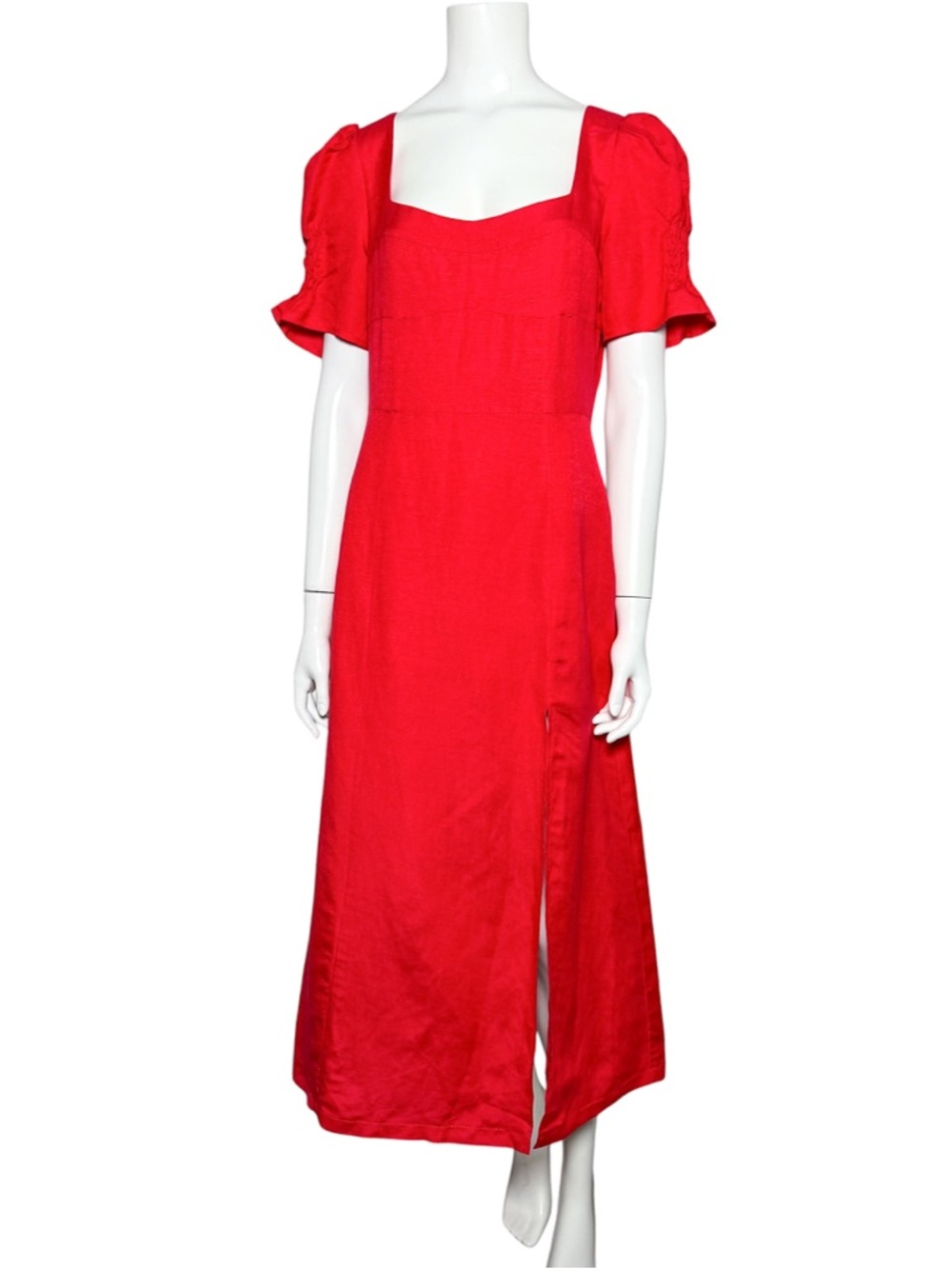 En Saison Red Linen Blend Midi Dress Puff Sleeve Square Neck Tomato Girl Small